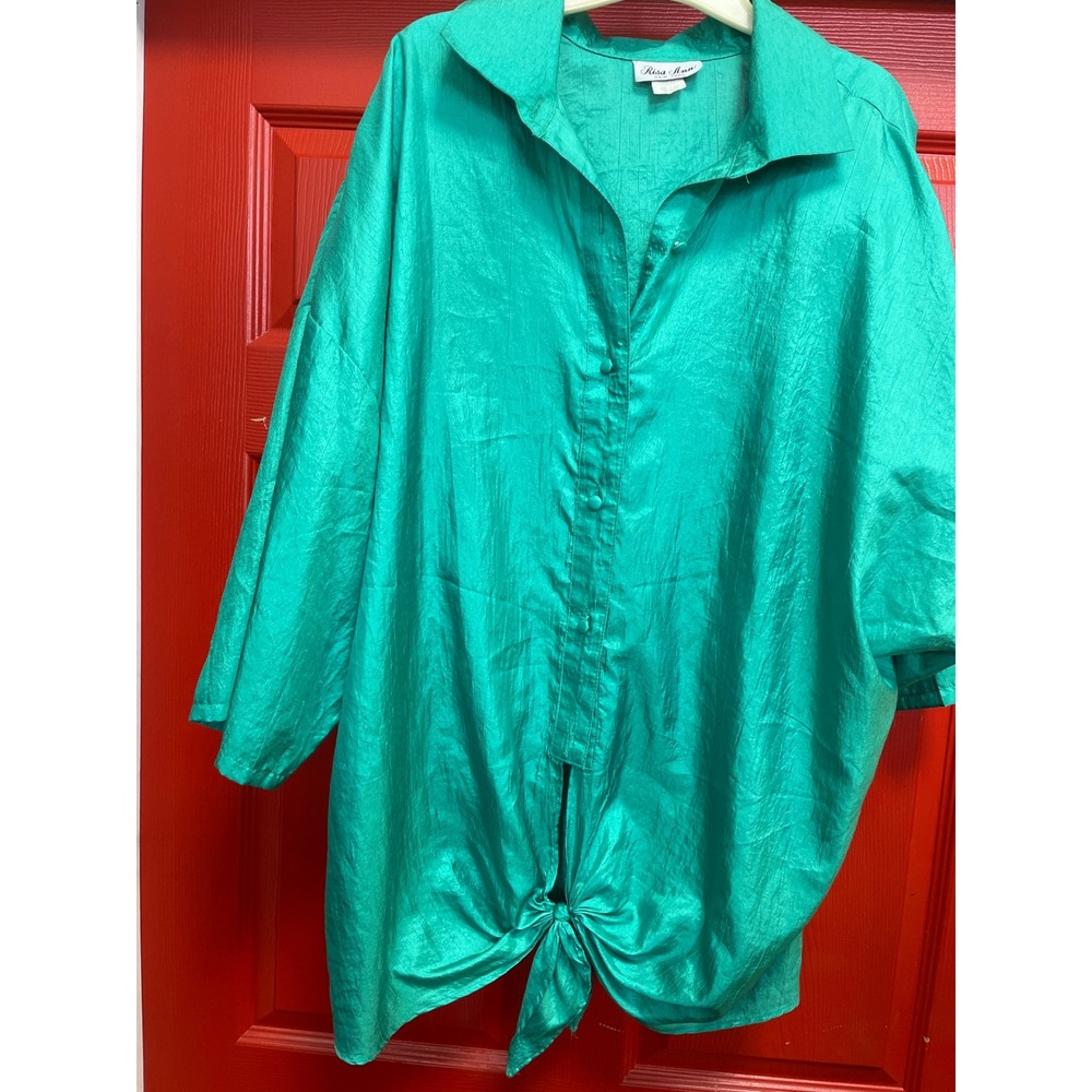Vintage Risa Ann New York Emerald Green Tie Front Button Down Blouse Oversized